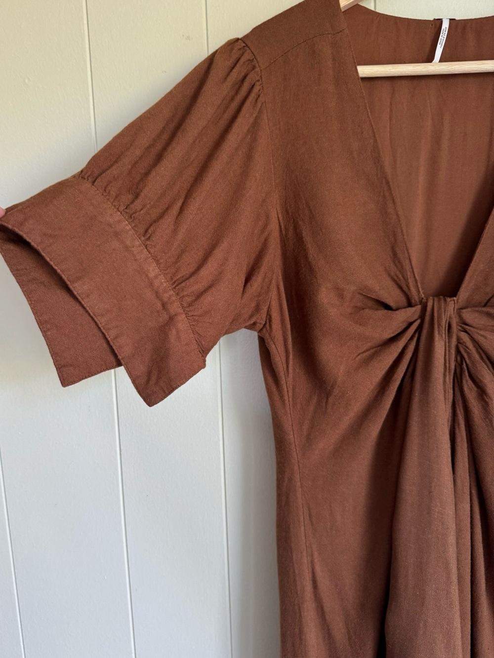 Free People Vintage Summer Midi Dress M Chocolate Swirl Twist Front Linen Blend - Picture 6 of 16